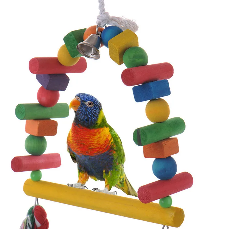 Natural Wooden Parrots Swing Toy Birds Colorful Beads Bird Supplies