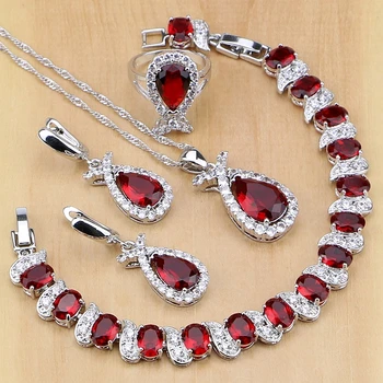 

925 Sterling Silver Jewelry Red Australian Crystal White CZ Jewelry Sets For Women Earrings/Pendant/Necklace/Ring/Bracelet