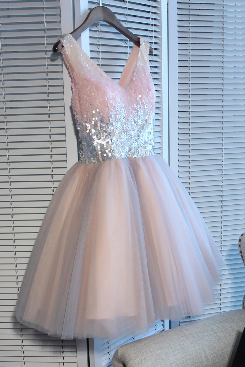 Короткие платья для выпускного вечера; бальное платье; цвет розовый, серый; с блестками; с v-образным вырезом; элегантное вечернее платье;