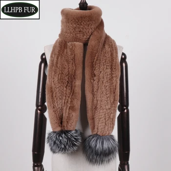 

Winter Women Natural Real Rex Rabbit Fur Scarf 100% Genuine Fox Pompoms Rex Rabbit Fur Muffler Lady Warm Knit Real Fur Scarves