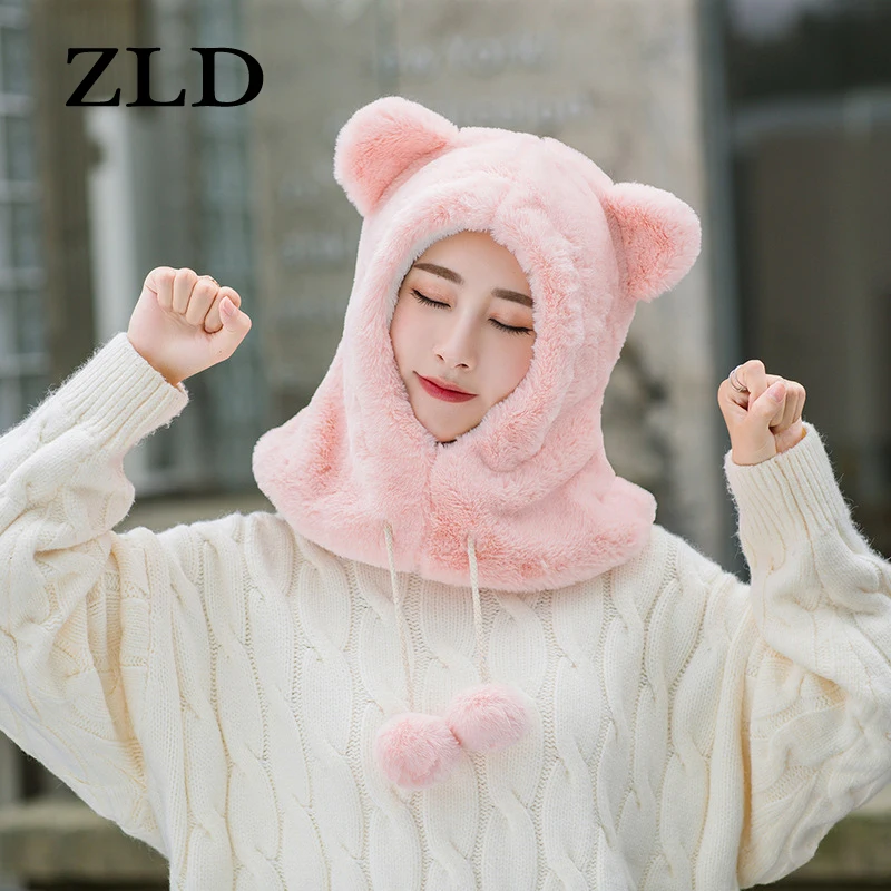 

ZLD New Woman Winter Flannel Cat Ear Hat Plus Velvet Thick Double Layer Warm Beanie Hat Ear Flap women Cute Fluff Knit Cap
