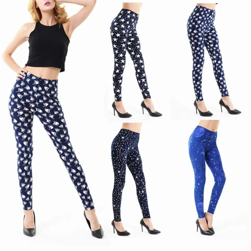 

Women Mid Rise Universe Star Sailboat Printed Stretchy Milk Fiber Pencil Tights Ankle Length Casual Sport Workout Pants