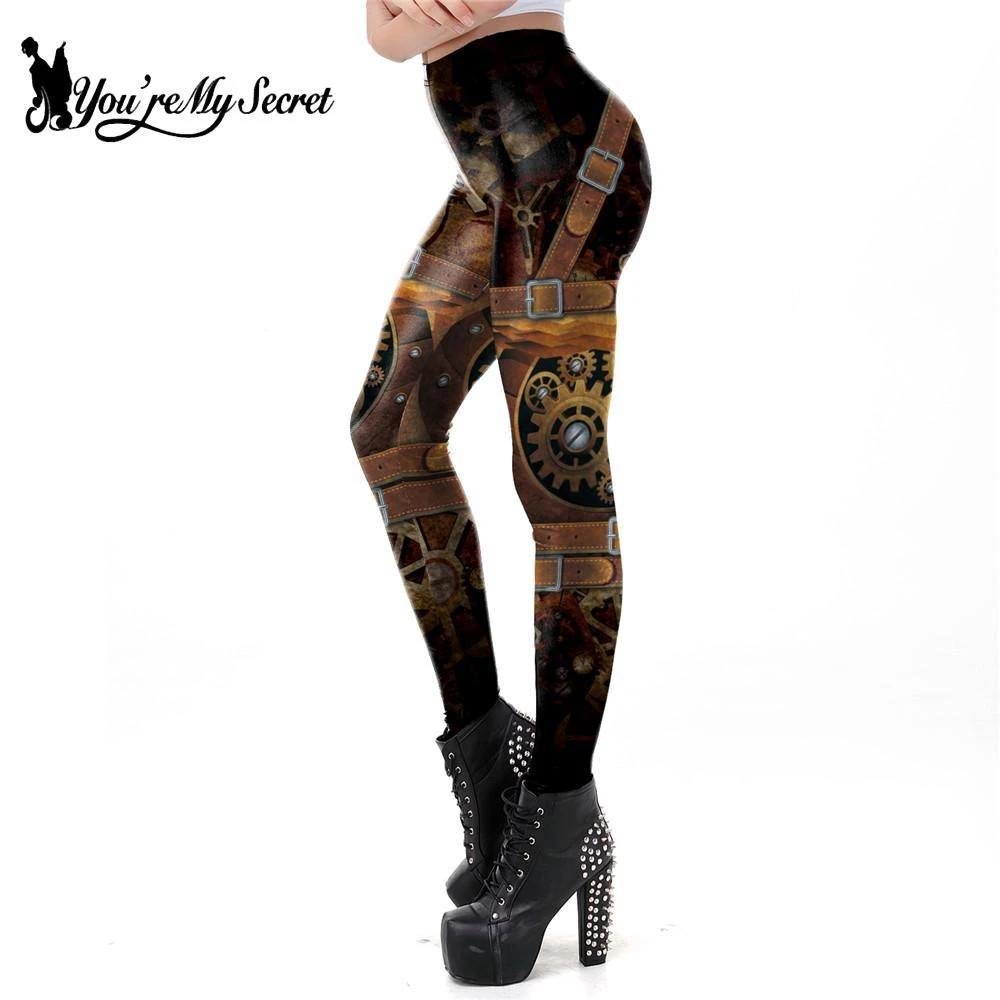 [You're My Secret] Vintage Color Leggings Sexy Steampunk Belt Printed Leggin Mid Waist Pants Women Summer Fitness Casual Trouser leggings with pockets