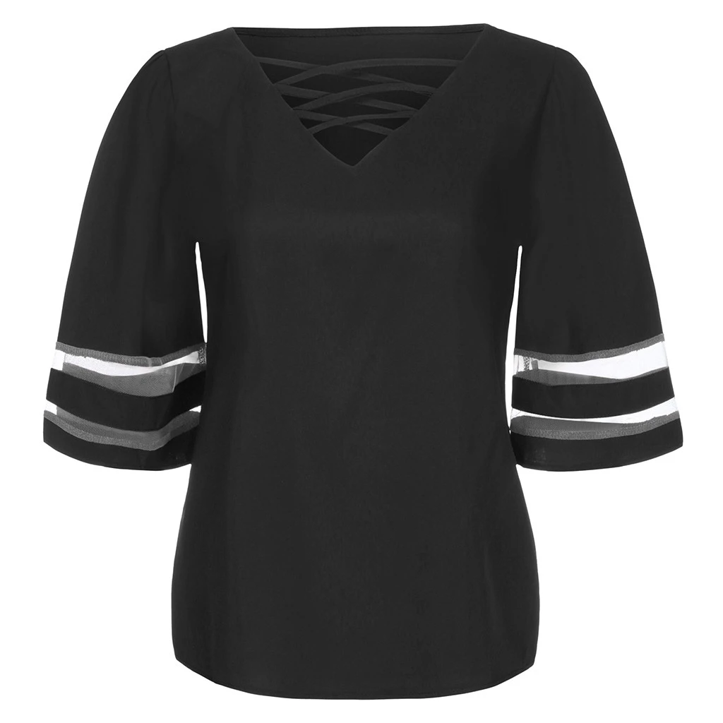 JAYCOSIN Fashion Loose Blouse Female V Neck Mesh Panel Blouses 3/4 Bell Sleeve Casual Loose Blouse Patchwork Ladies Girls 802