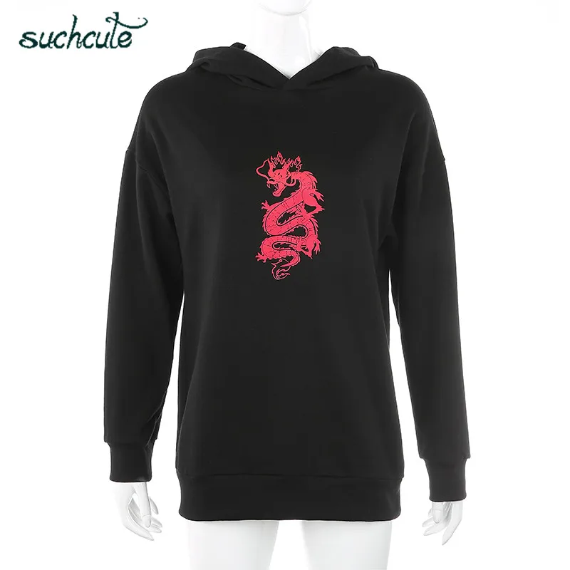 Черный SUCHCUTE Women Hoodies With Hat Casual Dragon Print Overalls Frida Gothic Tops Kpop Autumn Streetwear Female Sweatshirts - Цвет: Черный
