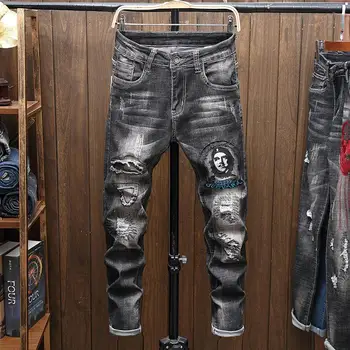 

Men's Fashion Trend Jeans Ripped Denim Pants Stretch Motor Straight Vintage Trousers