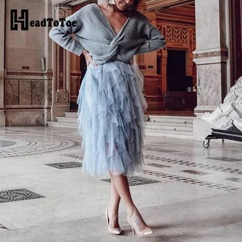 

High Waist Mesh Pleated Long Skirts Women Solid Evening Party Wedding Cake Skirts