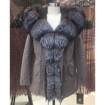 

Womens winter long parkas coat jacket fox fur collar detachable rabbit fur liner hooded black D28
