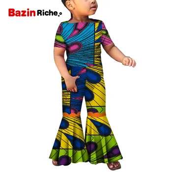 

African Print Girl Jumpsuit O-Neck Short Sleeve Lovely Romper Bell-bottomed Long Pants African Girls Jumpsuits Dashiki WYT350