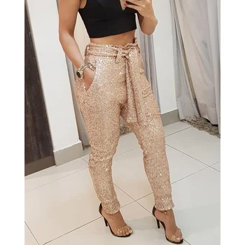 

2019 Women Autumn Bandage Slim Bling Sequined Pencil Pants With Sashes Ladies Fashion Streetwear Casual Pockets Trousers SJ4691U