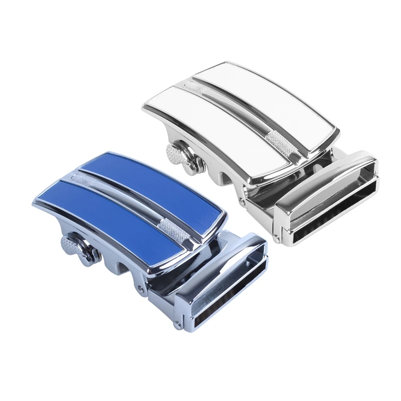 

2pcs Men's Solid Buckle Automatic Ratchet Leather Belt Buckle in the Middle with de Edge - Silver & Blue + Silver