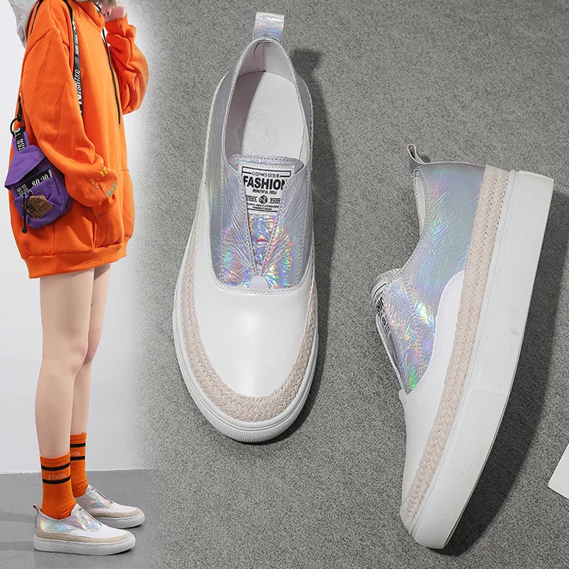 

2019 Full-grain Leather Fashion Versatile Genuine Leather Loafers Women's round-Toe Flat-Style Loafers Shoes White