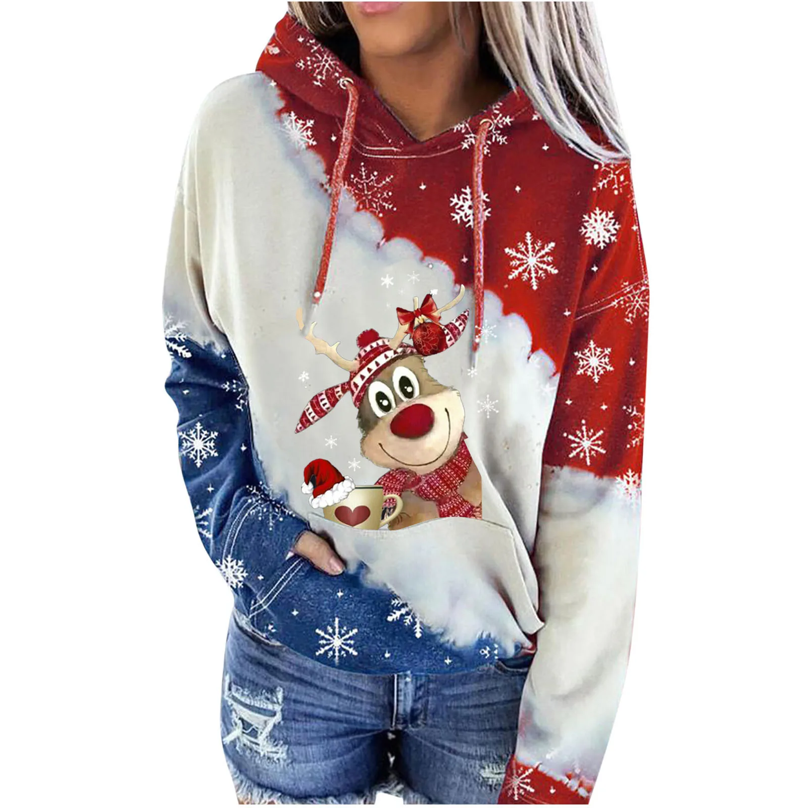 

Ladies Christmas Sweatshirt Printed Color Block Hooded Long Sleeve Pullover Casual Sweatshi Sudaderas