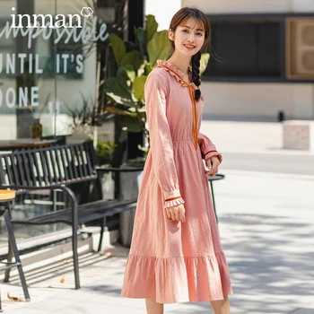 

INMAN 2020 Spring New Arrival Flower V Neck Tie Contrast Color Women Mid Calf A Line Shape Dress