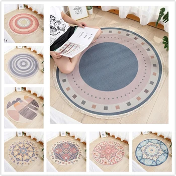 

Retro Geometric Indian Rug Round Cotton Linen Carpet Hand Waven Tassel Tapestry Ethnic Boho Knitting Floor Mat Bedroom Decor