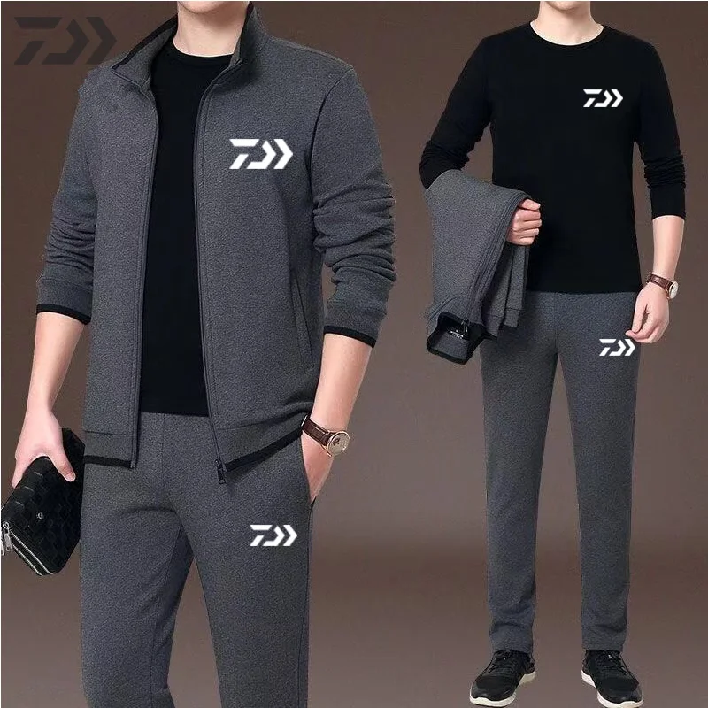 Daiwa рыболовный костюм, мужские костюмы из трех предметов, дышащая термальная одежда для рыбалки, походная плотная куртка, штаны, рубашка с круглым вырезом - Цвет: Серый