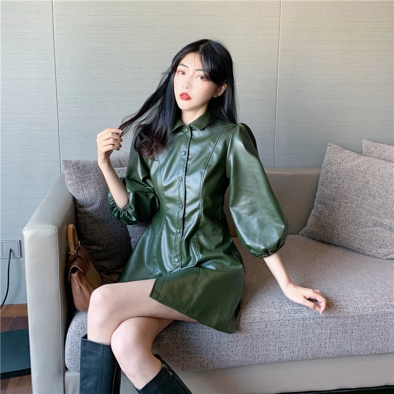 WENYIN, Весенняя мода, уличная одежда, винтажный стиль, с пышными рукавами, тонкий ПУ мини платье, женское платье из искусственной кожи
