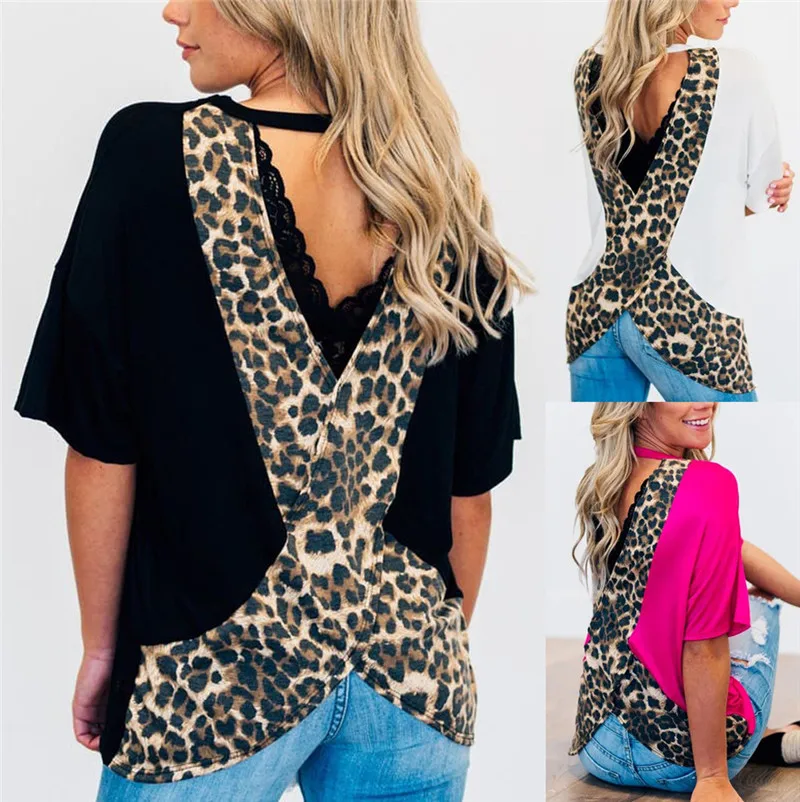

Leopard T-Shirt Women Backless Lace Tee Shirt Femme 2019 Summer Short Sleeve Streetwear TShirt Tops Lady Clothes Poleras Mujer