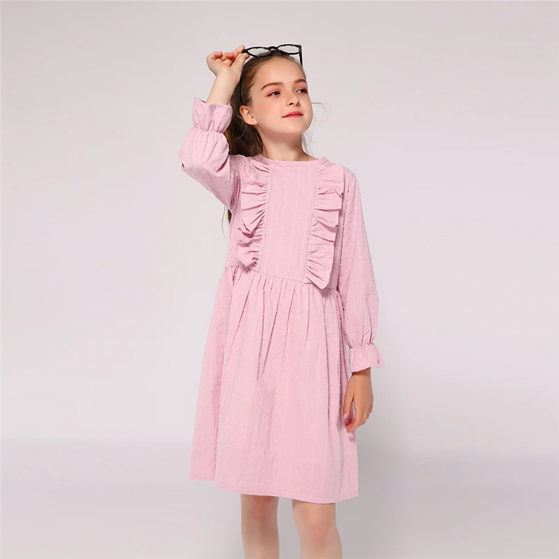 Kseniya Kids/весенне-осеннее розовое платье с длинными рукавами и оборками для девочек Хлопковое Свободное платье для детей от 2 до 9 лет