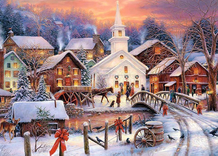 Diamond Embroidery Scenery Diamond Painting Full Round Rhinestones Diamond Mosaic Winter Snow Scene Wall Decoration