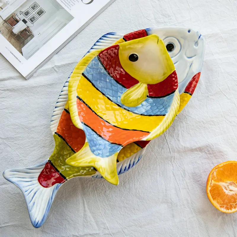 Креативная 3D рельефная ручная подглазурная роспись цветная маленькая рыбка тарелка керамическая тарелка Бытовая Керамическая тарелка