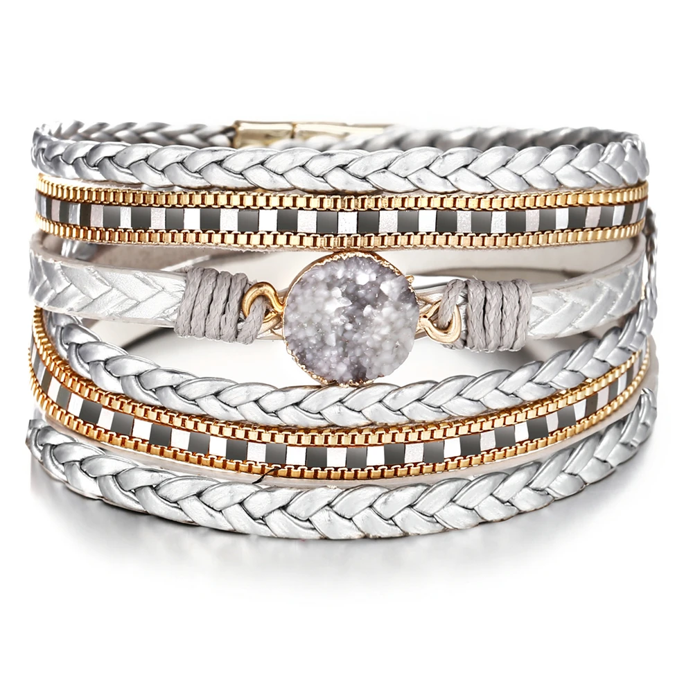 

Vintage Silver Faux Leather Alloy Fashion Wrap Bracelets Bangles For Women Men Boho Adjustable Multiple Layer Bracelet Jewelry