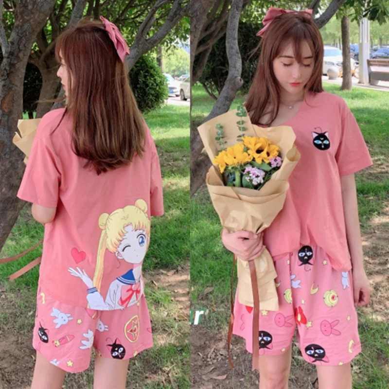 

Summer Short Sleeve Sleepwear T Shirts & Shorts Pijama Nightsuit Beautiful Girl Sailor Moon Print Pajamas Sets For Women