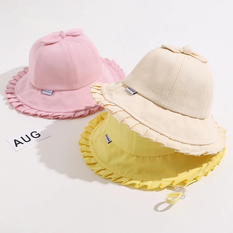 Solid Color Baby Girl Bucket Hat Summer Spring Cute Bowknot Cotton Baby Panama Hat Outdoor Beach
