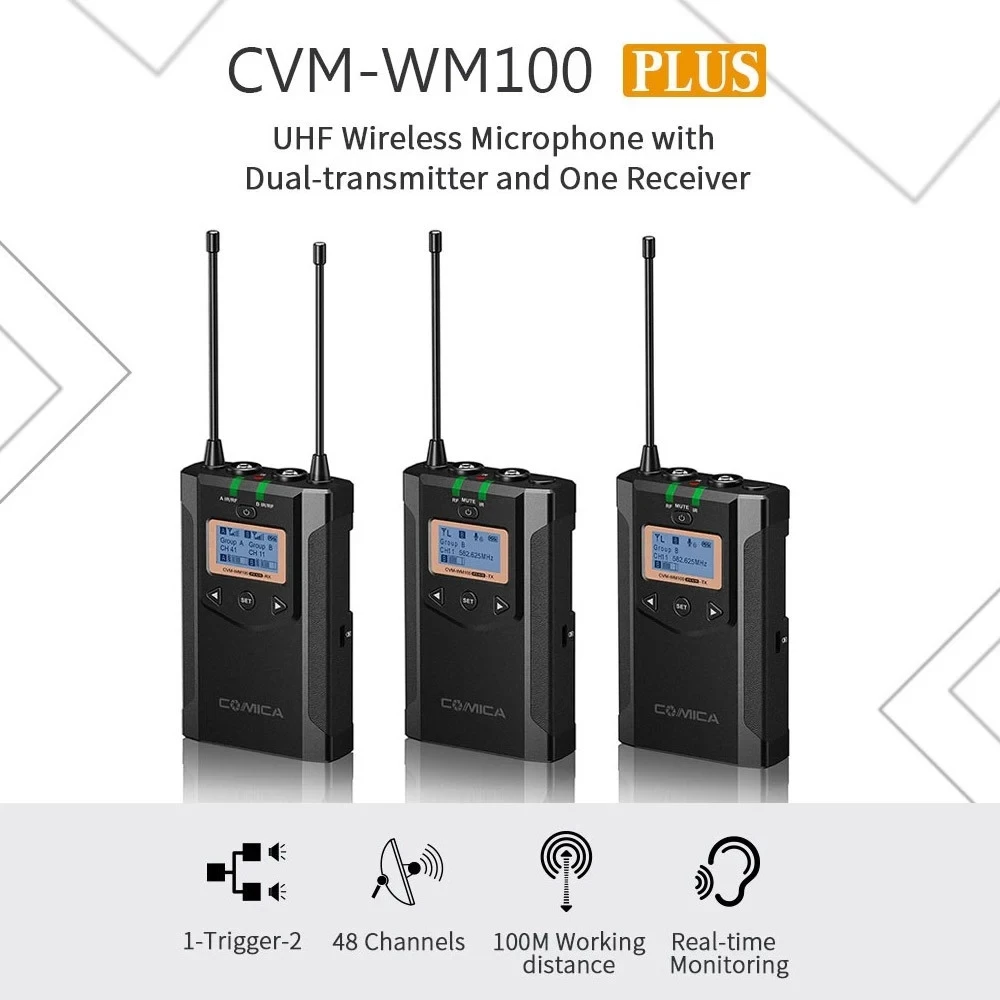 CoMica CVM-WM100 плюс UHF 48-канальный Беспроводной двойной петличный микрофон Системы для цифровой зеркальной камеры Canon Nikon sony Panasonic DSLR Камера