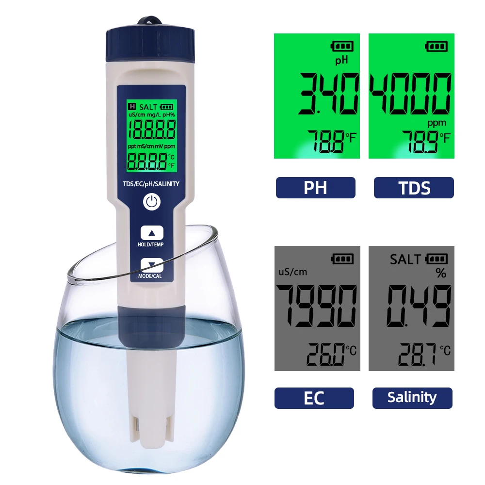 Water Quality Detector Water Tester Professional 5 In 1 TDS/PH/EC/Temp /Salinity Water Analyzer for Pools Drinking Aquarium