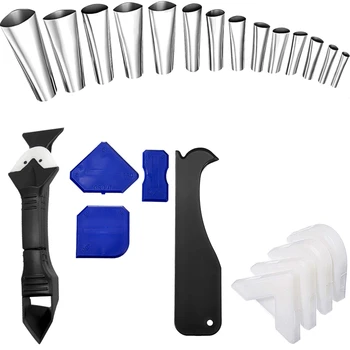 

24Pcs/Set Caulking Tool Kit Caulking Finisher Tool and Stainless Steel Caulk Nozzle Tool Kit for Kitchen Bathroom Window