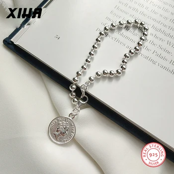 

XIHA 925 Sterling Silver Charm Bracelets Queen Portrait Coin Beaded Bracelet for Women Korean Style Trendy Fine Jewelry