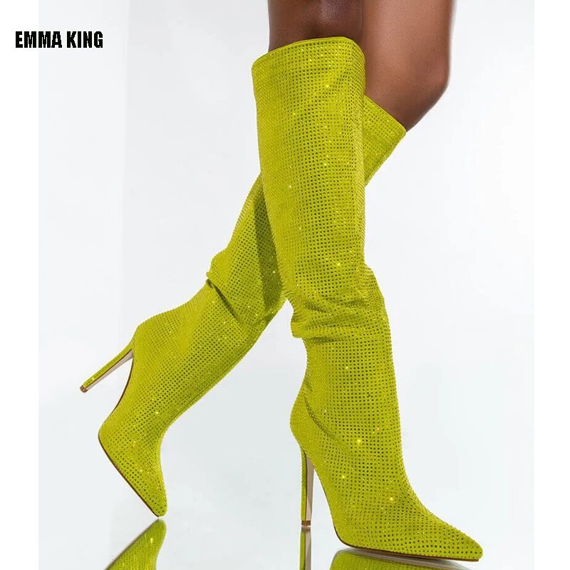 

Women Fashion Luxurious Crystal Rhinestone Studded Boots Lady Over The Knee Boots Thin Heels Pointy Women Shoes 2021
