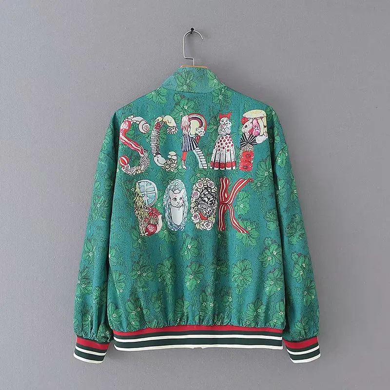 

Yd-8891 Back Cartoon Printed Zip-up Jacket Europe And America-Style Green Stand Collar Zip-up Jacket