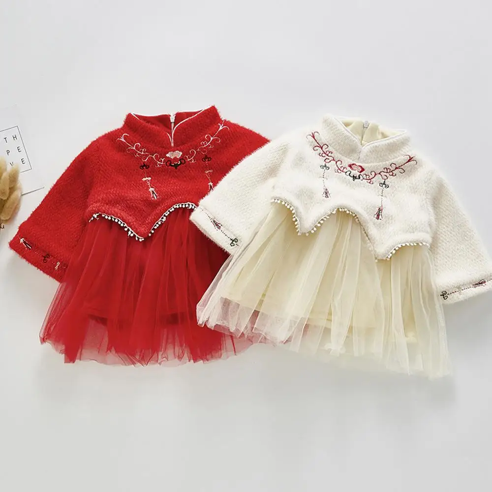 Теплое платье для малышей; костюм; милое платье принцессы для новорожденных; Повседневное платье из пряжи и тюля с вышивкой для маленьких девочек; праздничная одежда с юбкой-пачкой