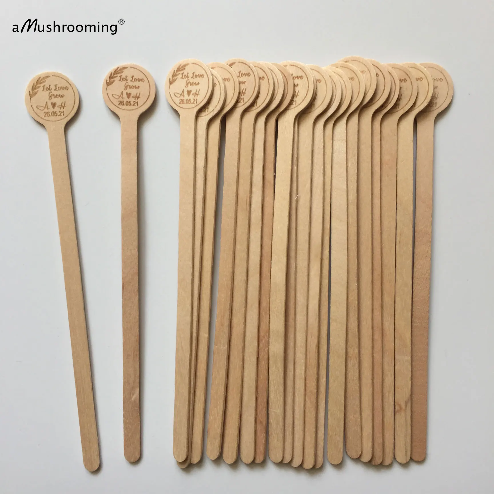 100pcs Let Love Grow Wedding Cocktail Stirrers with Initials and Date Engraved Bridal Shower Round Wood Coffee Stir Stick