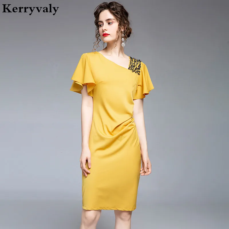 

Summer Goddess Beaded Bag Hip Sexy Bodycon Dress Robe Femme T 2020 Office Lady Style Women Party Yellow Pencil Dress K6940