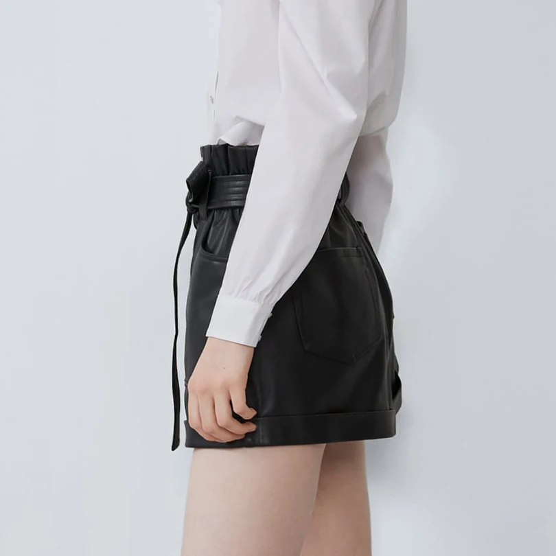 Arvinxia ZA Sexy High Waist Lace Up PU Loose Woman Shorts New Bow Tie Solid Women Bottoms Sexy Elegant Outwear Office Lady Short