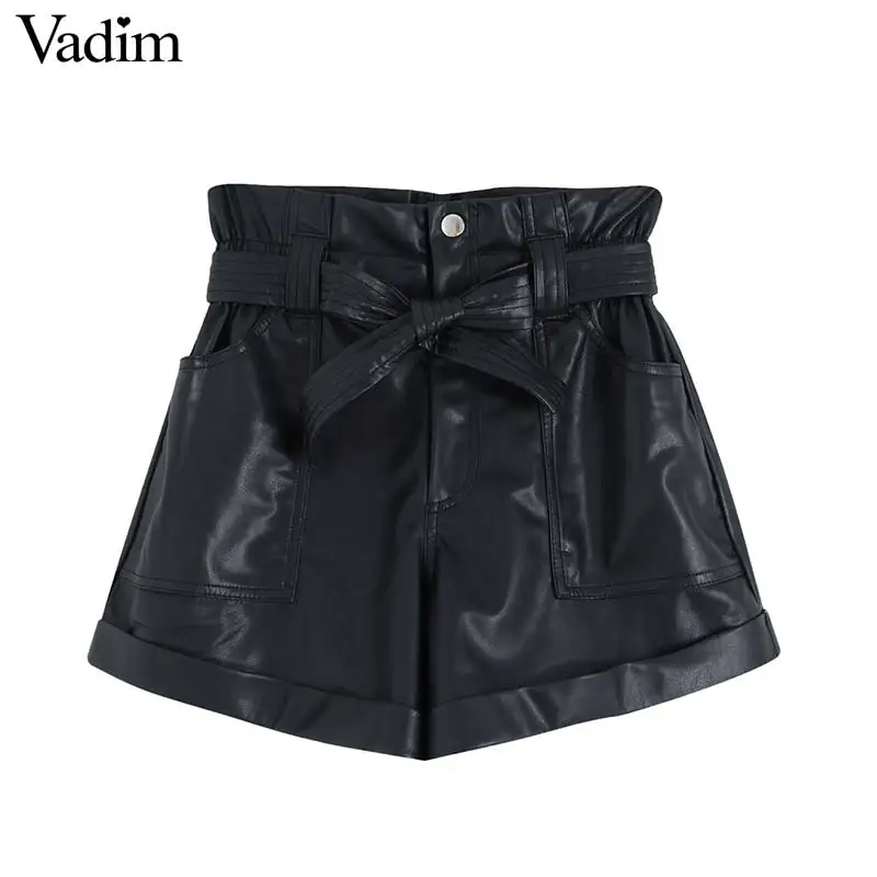 Vadim женские черные шорты из искусственной кожи на молнии, эластичный пояс, карманы Женские повседневные шорты с галстуком-бабочкой и поясом, pantalones cortos SA190