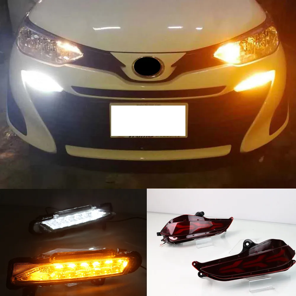 Задний тормозной бампер лампа для Toyota Yaris светодиодный DRL дневное Вождение ходовой свет Дневной свет желтый поворот противотуманная головка - Цвет: DRL and Rear Light