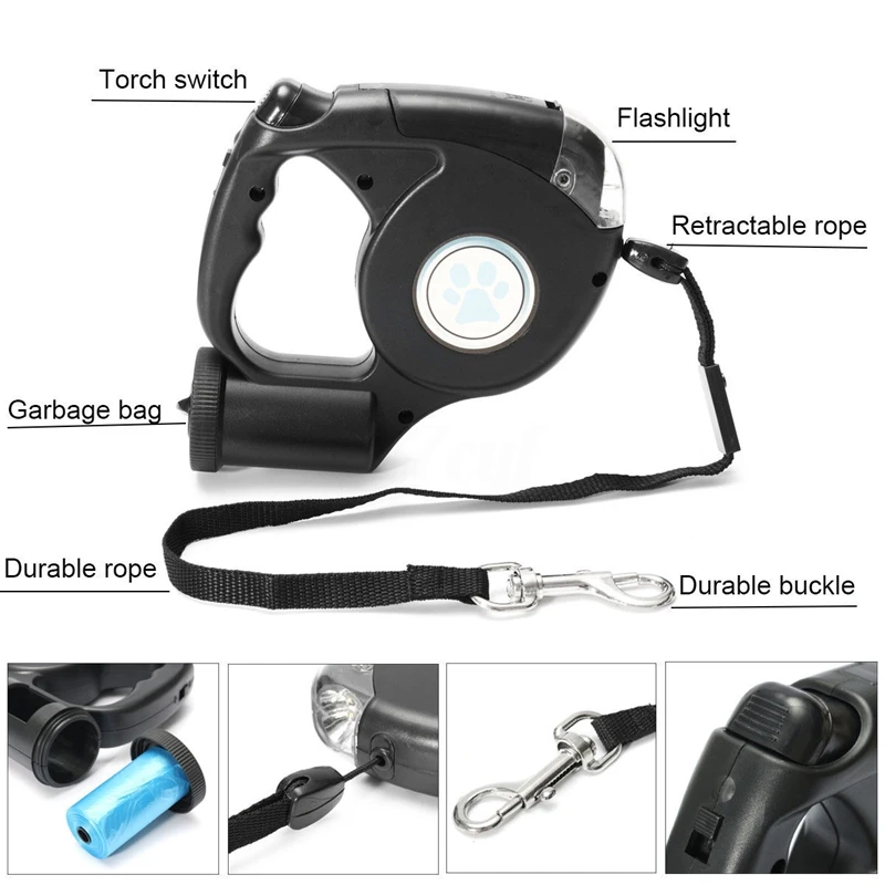 Extendable and Retractable Leash for Dog with LED Flashlight and Garbage Bag