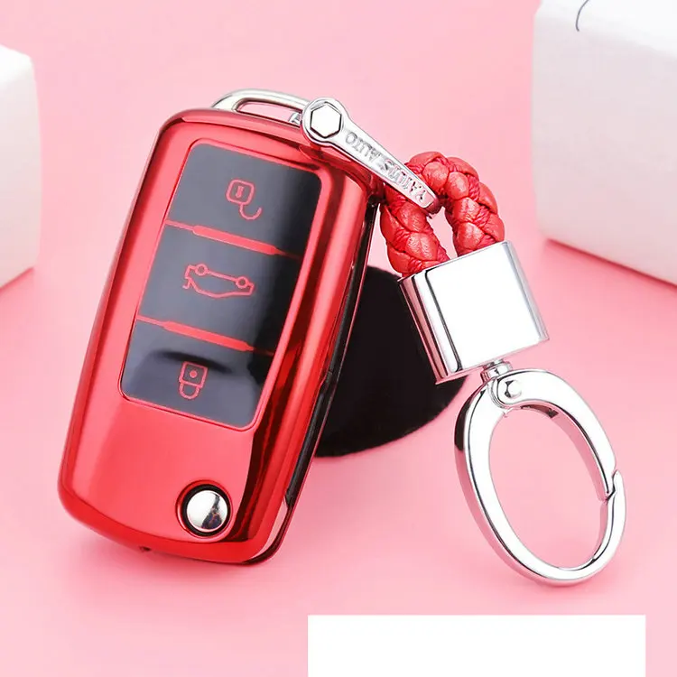 red with keychain TPU высокого качества Автомобильный ключ чехол для ключей подходит для Volkswagen Tiguan Bora Passat B5 B6 Jetta ключ VW чехол - Название цвета: red with keychain