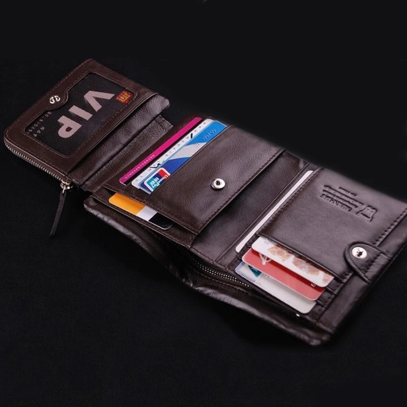 Newest Men Short Wallet Genuine Cow Soft Leather Trifold Wallet Money Credit Card Holder Zip Coin Purse Multifunctional Wallets