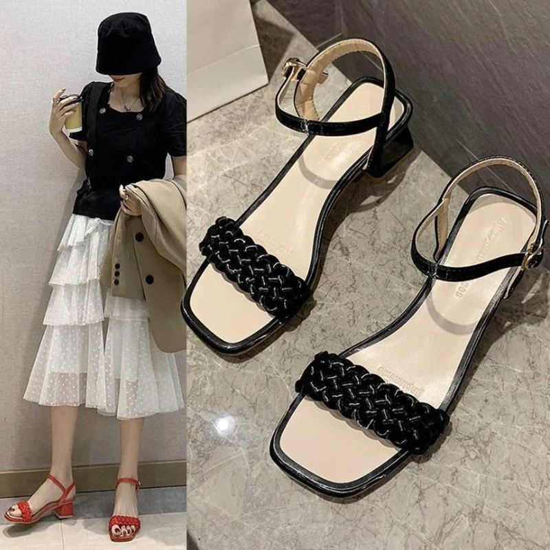 

High-heeled sandals female 2020 summer new style open toe thick with sandals wild word buckle belt women's shoes