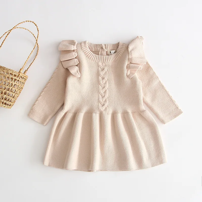 Осенне-зимнее платье для девочек с длинным рукавом Вязание Платья-свитеры для малышей, платье принцессы на день рождения для девочек Для детей 1, 2, 3, 4 лет - Цвет: Rice white