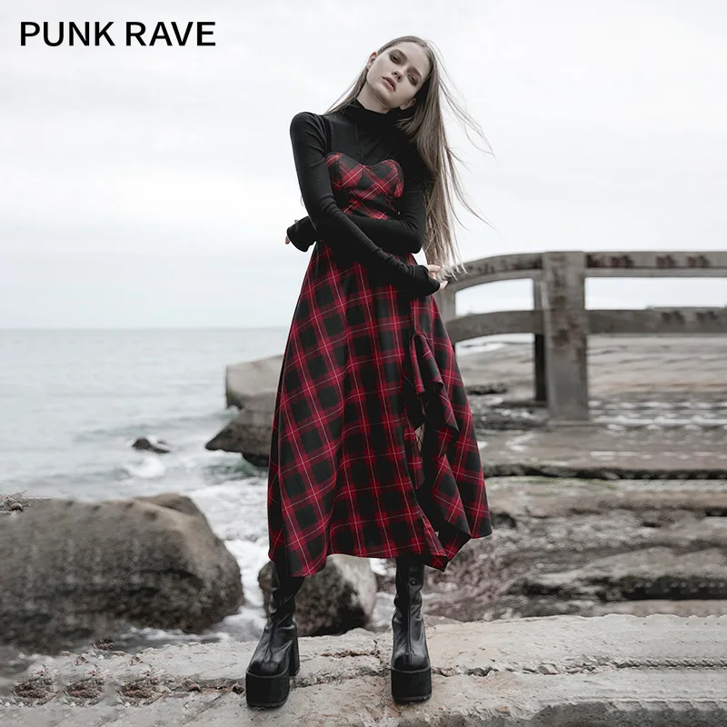 PUNK RAVE Girl's Red-black Check Irregular Ruffle