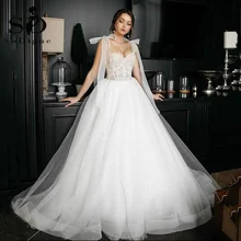 

SoDigne Modern Princess Wedding Dresses Shoulder Bowknot A line Elegant Women Long Bride Dress Lace Appliques Tulle Bridal Gowns