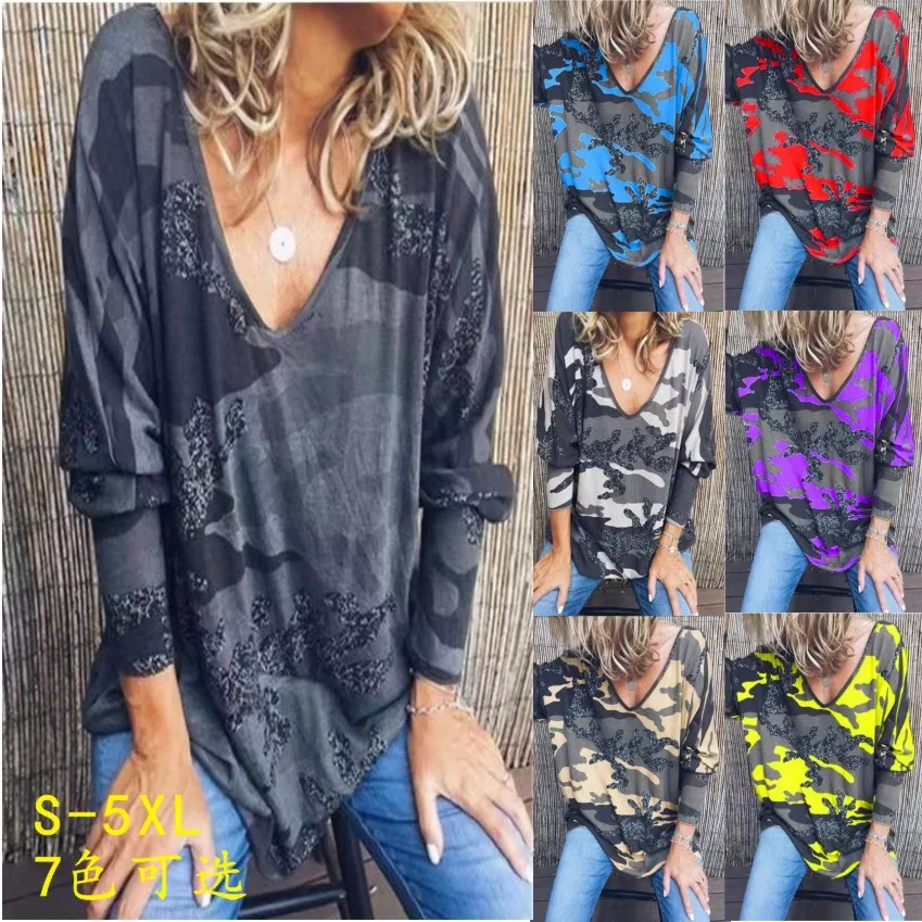 

2019 European and American explosion models women's large size V-neck long-sleeved camouflage print T-shirt
