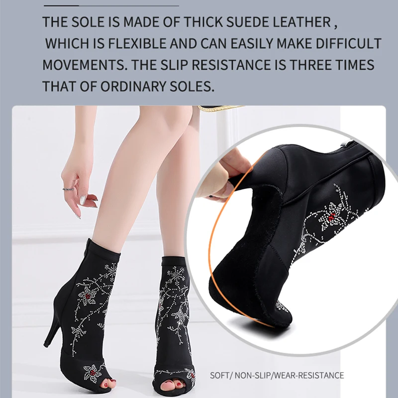 Women Rhinestione Latin Dance Boots Black High Heel Ballroom Salsa Dancing Shoes For Party Girls High Top Latino Pratice Boots