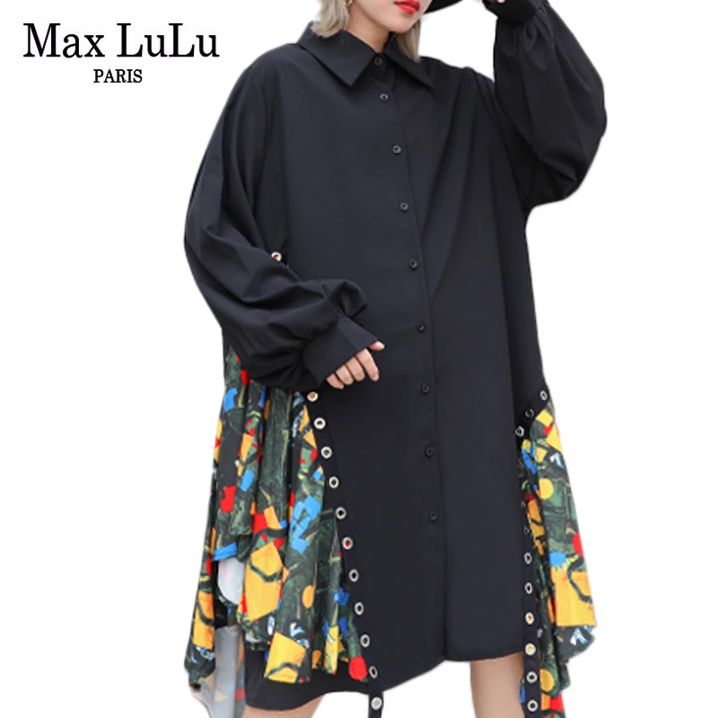 

Max LuLu 2019 Fashion Korean Style Ladies Punk Clothes Women Autumn Printed Elegant Dresses Vintage Patchwork Oversized Vestidos